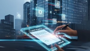 Representação digital de um condomínio moderno com elementos visuais de blockchain, simbolizando segurança e transparência na gestão imobiliária.